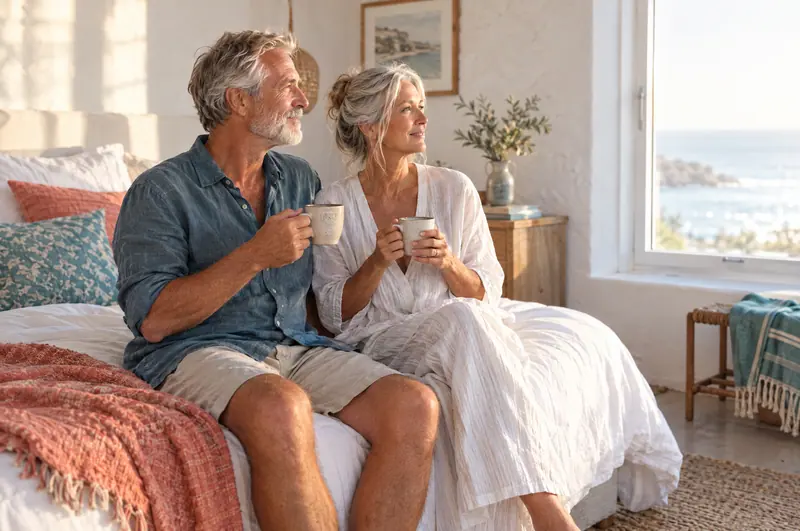 Una coppia seduta sul bordo del letto, al mattino, con una tazza di caffè in mano e il mare fuori dalla finestra.