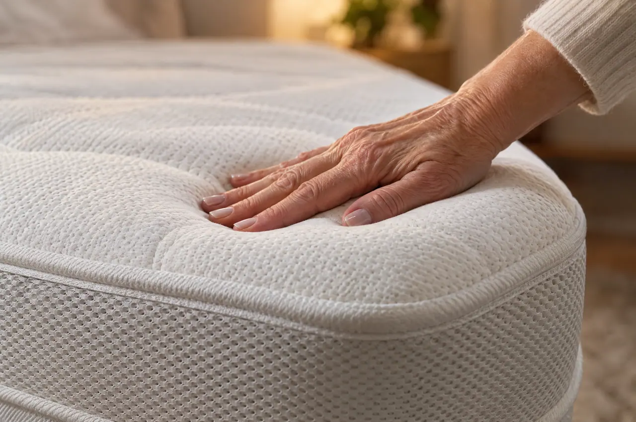 Una mano preme la superficie del materasso: il memory foam si incava sotto le dita. Si vede la fascia laterale traspirante a rete.
